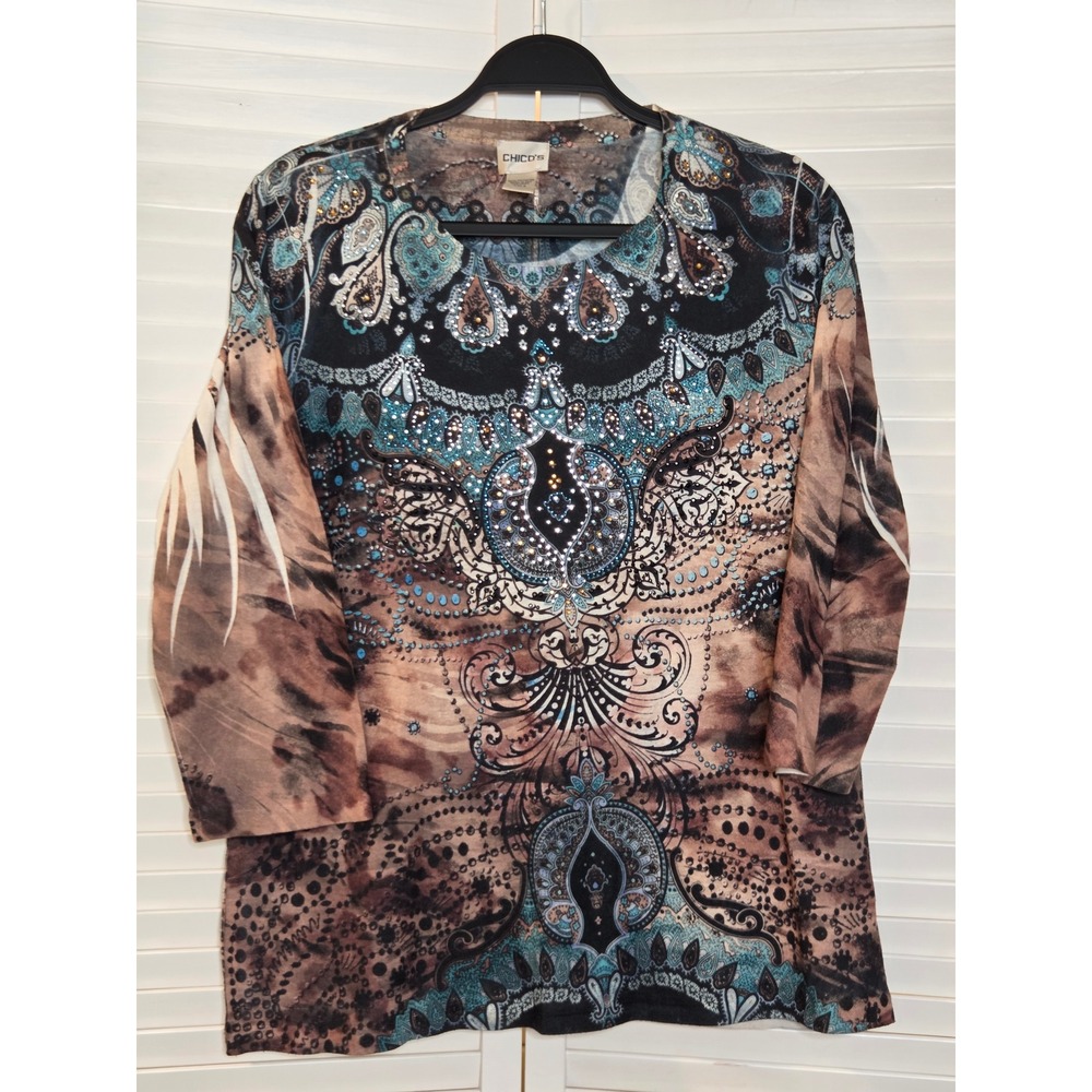 Chico's Size 2 Paisley Rhinestone Embellished 3/4 Sleeve Top Brown Teal Knit
